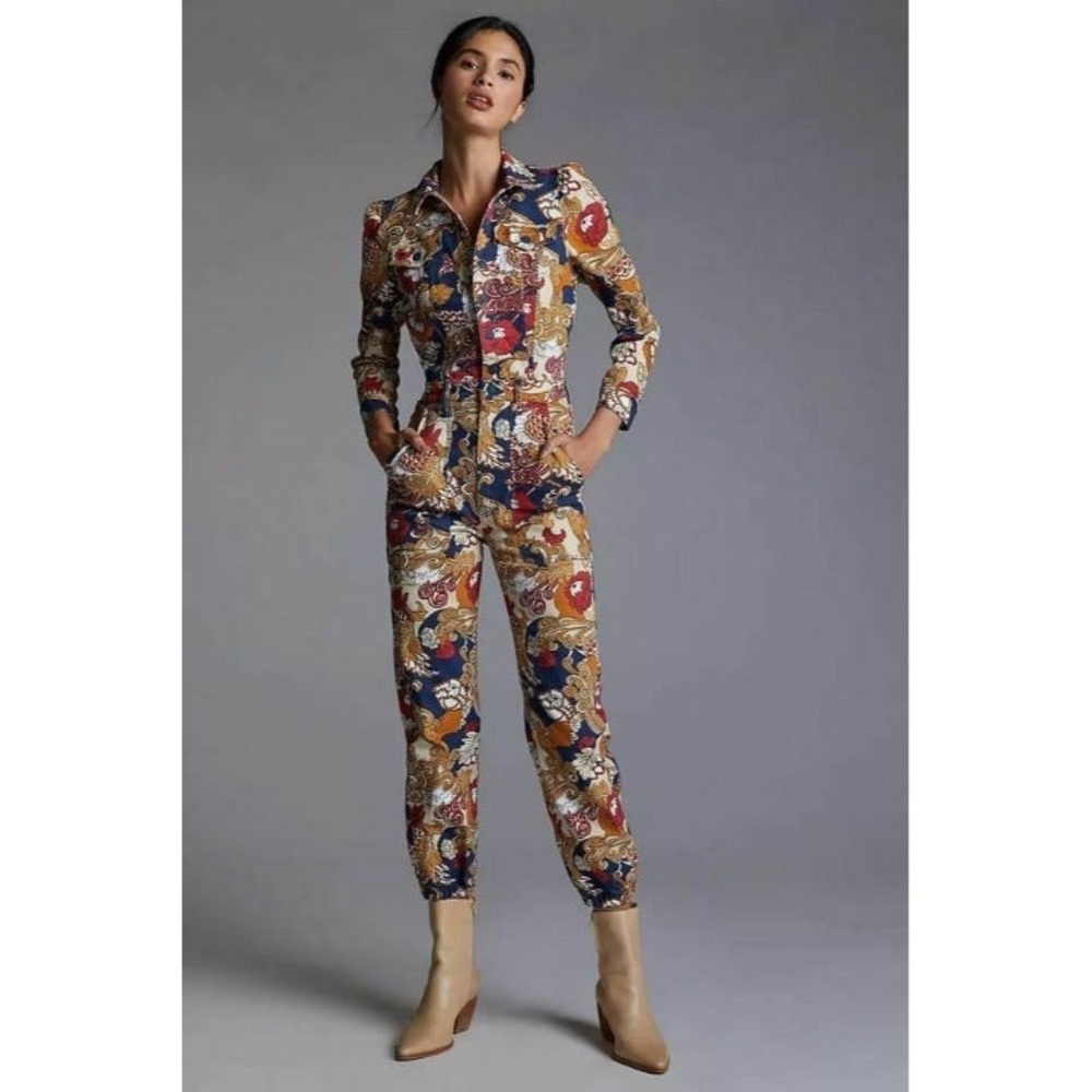 MOTHER Puffy Wrapper Floral Denim Jumpsuit